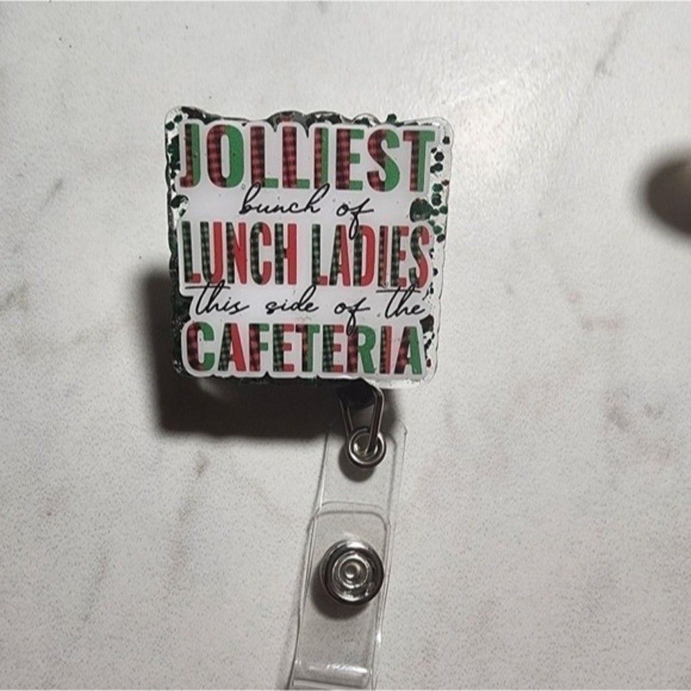 Christmas lunch lady badge reel.